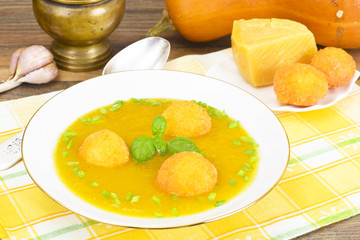 Carrot, Pumpkin Cream Soup with Cheese Balls Diet Food