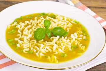 Pumpkin Soup with Pasta and Basil. Diet Food