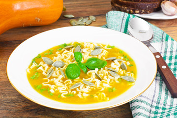Pumpkin Soup with Pasta and Basil. Diet Food