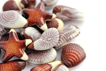 Swiss chocolate seashells on white background