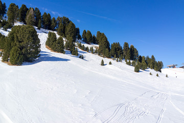 Fototapeta na wymiar The Val di Fassa Italy ski resort, view of slopes for driving