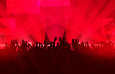 Music festival with dancing people and glowing lights. Creative