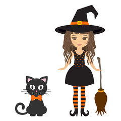 witch girl curly with broom and cat