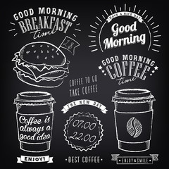 Set of graphic elements for design of theme of Breakfast Good morning. Cups of coffee. Stylized of chalk sketch