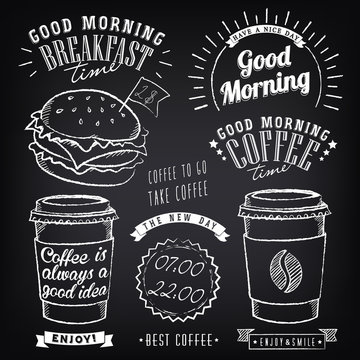 Fototapeta Set of graphic elements for design of theme of Breakfast Good morning. Cups of coffee. Stylized of chalk sketch