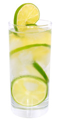 Fresh cold lemonade from lime with ice close up