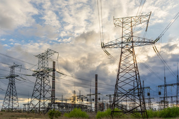 power transmission tower  during twilight time. sunset