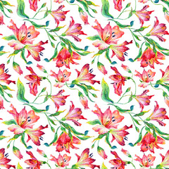 Fototapeta premium Seamless pattern with red lilies. Watercolor flowers. Spring and summer motifs. Can be used for wrapping paper and any your design.