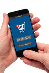 hands holding smartphone with signs click and collect or home delivery
