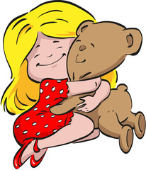Little girl hugging teddy bear.