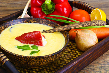 Pumpkin-Potato Puree Cream Soup with Roasted Bell Pepper and Goa