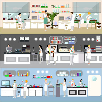 Scientist working in laboratory vector illustration. Science lab interior. Biology, Physics and Chemistry education concept