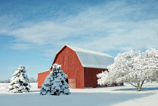 Red Barn With Snow