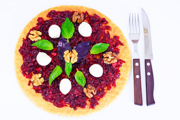 Pizza with Beet, Nut, Cheese, Mozzarella  and Basil