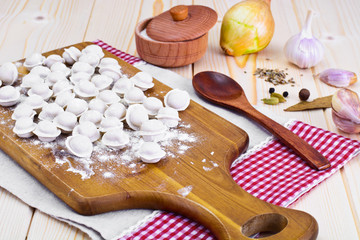 Fototapeta na wymiar Homemade Dumplings, Russian Pelmeni
