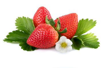 ripe strawberries organic berry with green leaves isolated on white