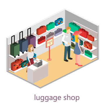 isometric infographic.Flat interior of luggage shop.