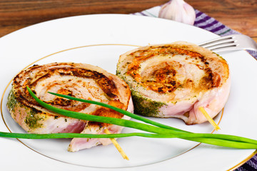 Roll of Bacon with Mushrooms, Carrots, Greens, Barbecue Grill