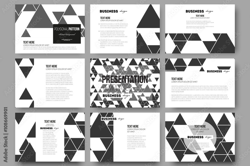 Poster set of 9 templates for presentation slides. triangular vector pattern. abstract black triangles on w