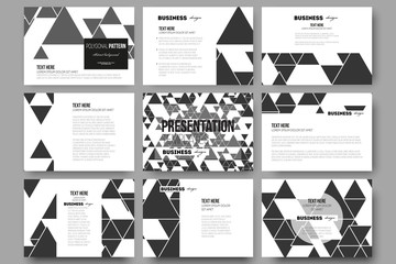 Set of 9 templates for presentation slides. Triangular vector pattern. Abstract black triangles on white background