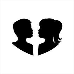 Pair of kissing children. Black against white background. Vector 