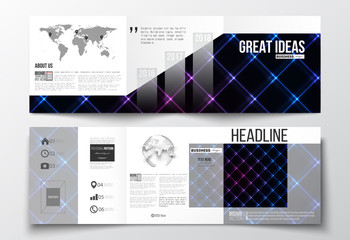 Vector set of tri-fold brochures, square design templates. Abstract polygonal background, modern stylish neon texture