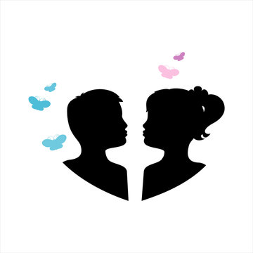 

Silhouette of children twins. Pair of kissing children. Black against white background and color butterflies. Vector 