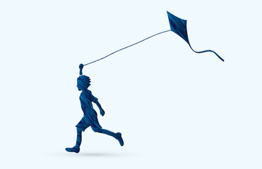 Little boy running with kite designed using blue grunge brush graphic vector.