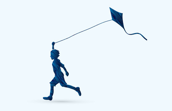 Little boy running with kite designed using blue grunge brush graphic vector.