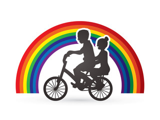 Little boy and girl are biking on rainbows  background graphic vector.