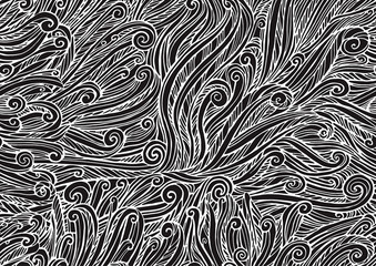 print, black and white seamless pattern of abstract curls, wave, spiral, doodle, ringlets. Vector illustration