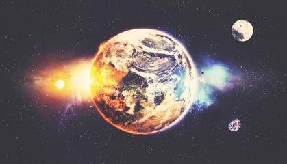 Planet in the background galaxies and luminous stars, over color - Elements of this Image Furnished by NASA