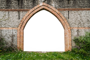 Gate of an old medieval castle white isolated.