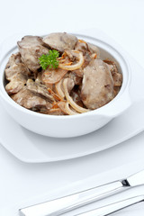 close  up view of nice yummy meal  on white back