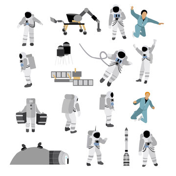 Vector set of space icons in flat style isolated on white background. Astronauts, suit, moon station, rocket, rover