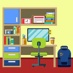 Teenager room interior with furniture icon set. Illustration of modern home office interior with designer desktop. Flat style vector illustration