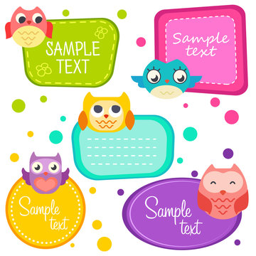 Illustration cute cartoon owls, set frame. Printable labels Set