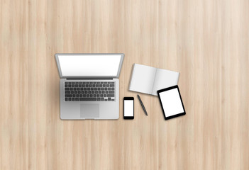 Office desk business creative image for mock up with smartphone, tablet, book, pen and laptop. View from above on wooden background