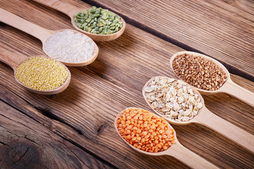 Assortment of cereals in a spoon