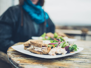 Plate with salad and ssandwich