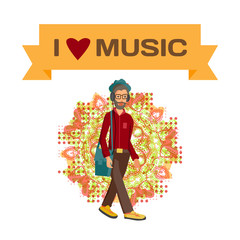 Vector modern flat design hipster wearing headphones listening m