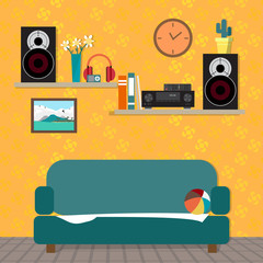 Home sound system in interior room. Home music flat vector illus