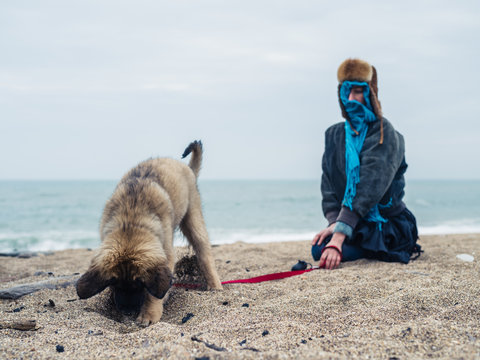 Woman on the beach with a young Leonberger puppy