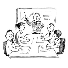 The illustration on the theme: training, business conferences, trainings. Drawing by hand