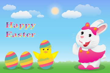 Happy Easter with bunny chick and egg