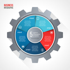 Vector business and industry gear style circle infographic template for graphs, charts, diagrams and other infographics. Business concept with 5 options, parts, steps, processes. Gear style logo.