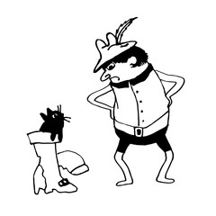 drawing Puss in Boots, Tyrolean hunter and his cat, the sketch, doodle comic vector illustration