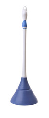 Plastic handle toilet plunger on white background.