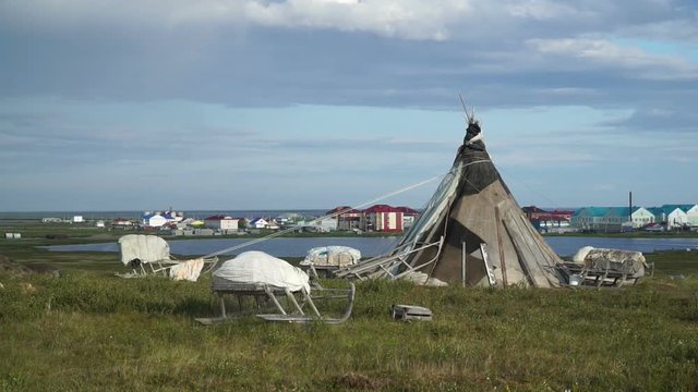 Lonely chum near the Northern settlement. The Yamal Peninsula.