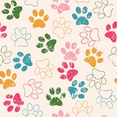 Vector seamless pattern with cat or dog footprints. Cute colorfu - obrazy, fototapety, plakaty